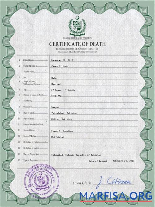 Downloadable Pakistan vital record death certificate PSD template